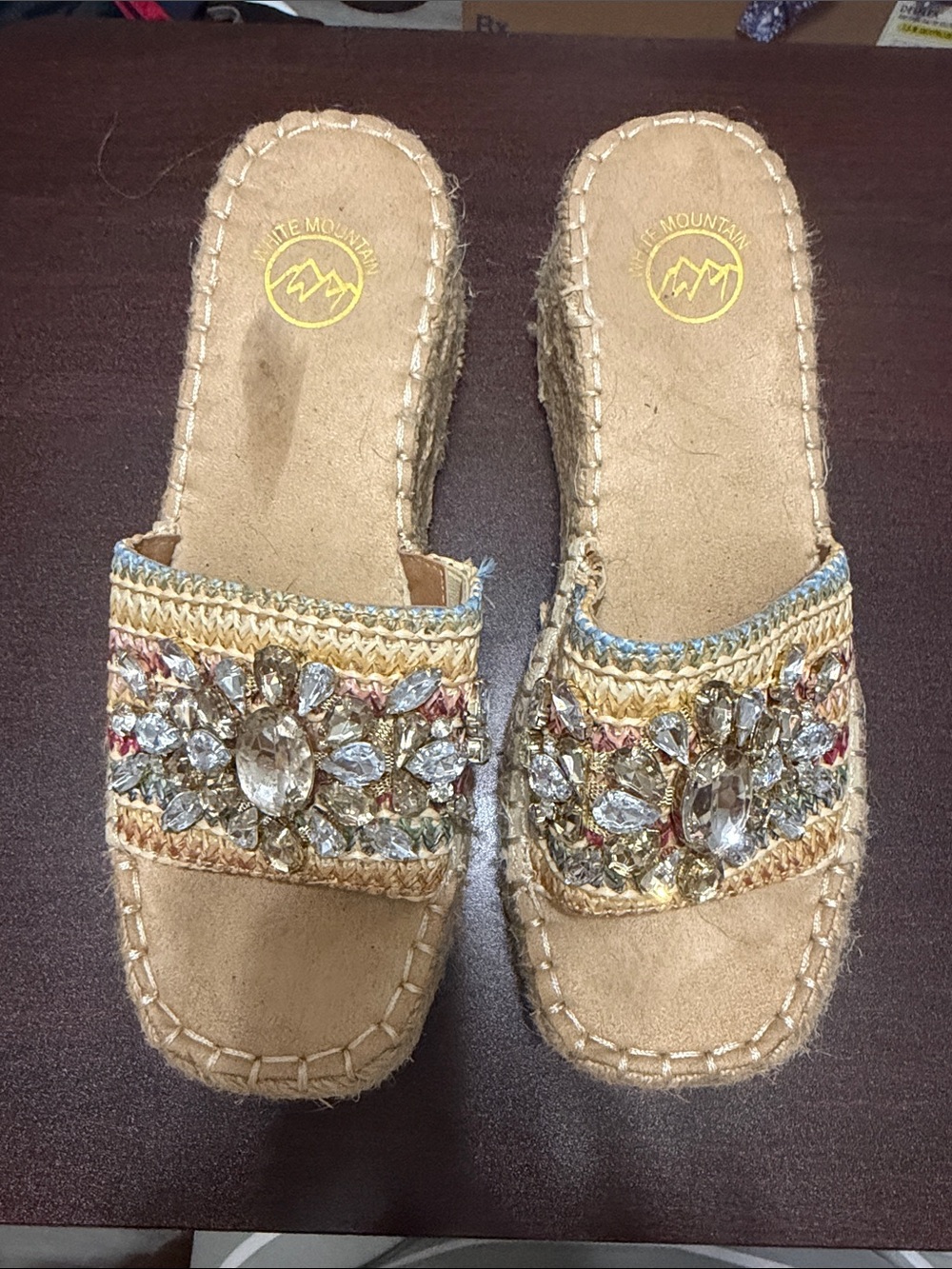 White Mountain Tan Jeweled Raffia Slide Mules